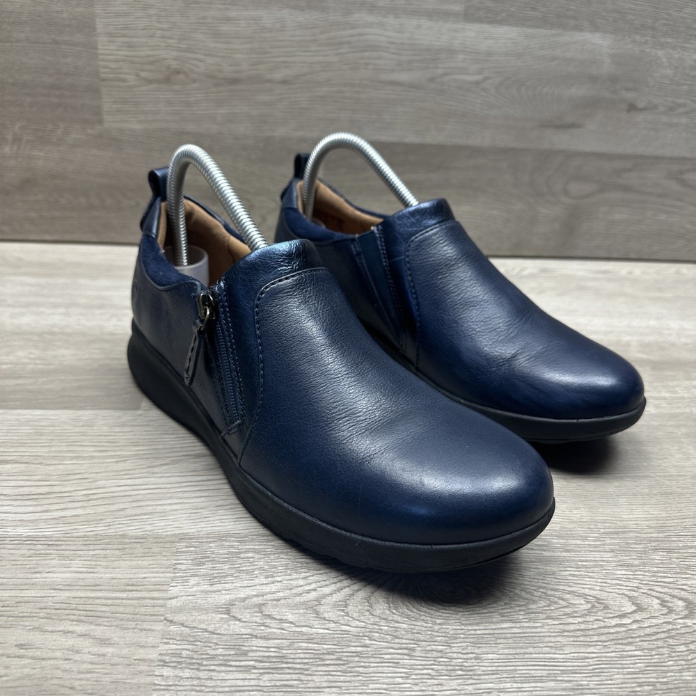 Clarks Unstructured Shoes Womens 10N Casual Side Zip Loafer Blue Leather - Picture 3 of 12